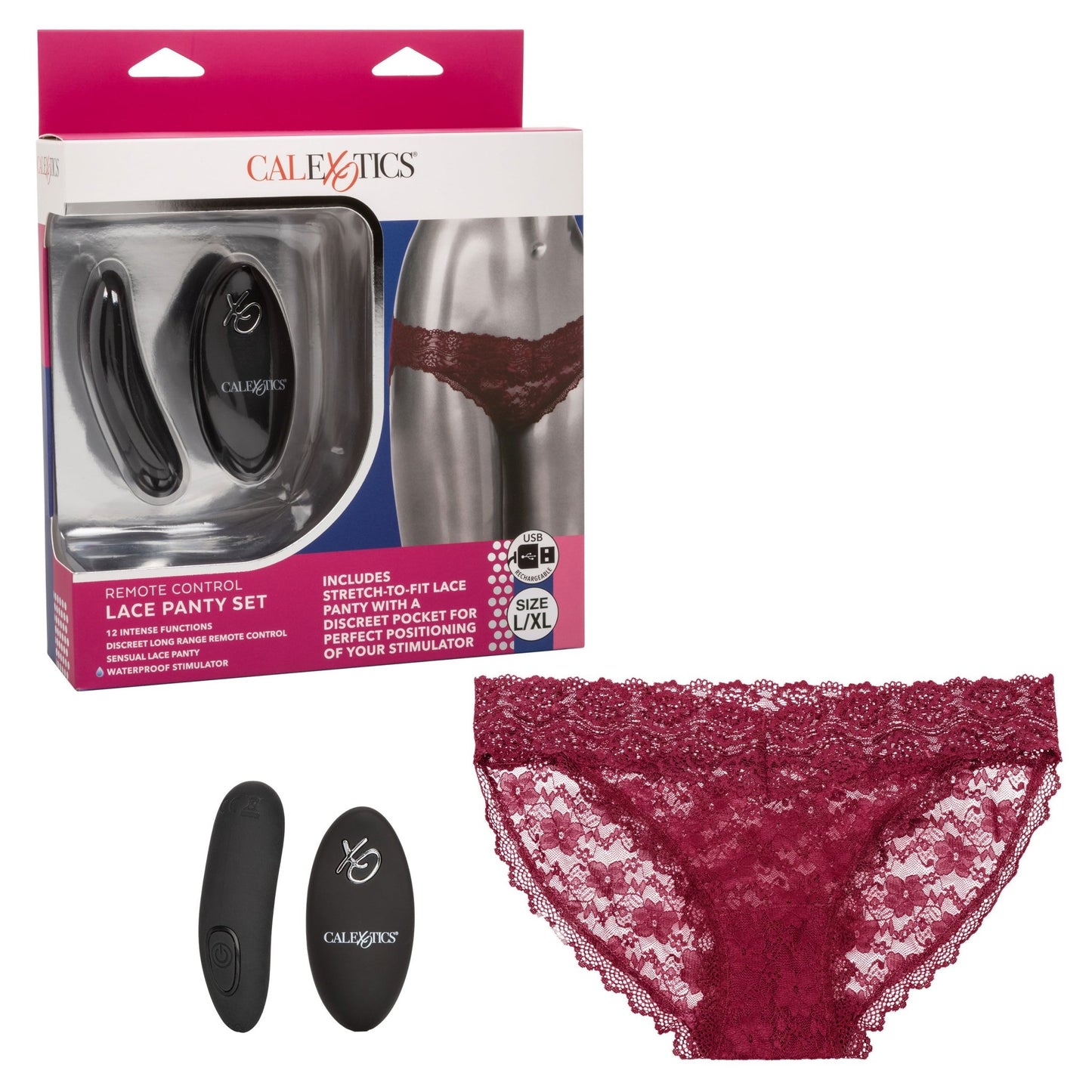 Remote Control Lace Panty Set - L/ XL - Burgundy SE0077893