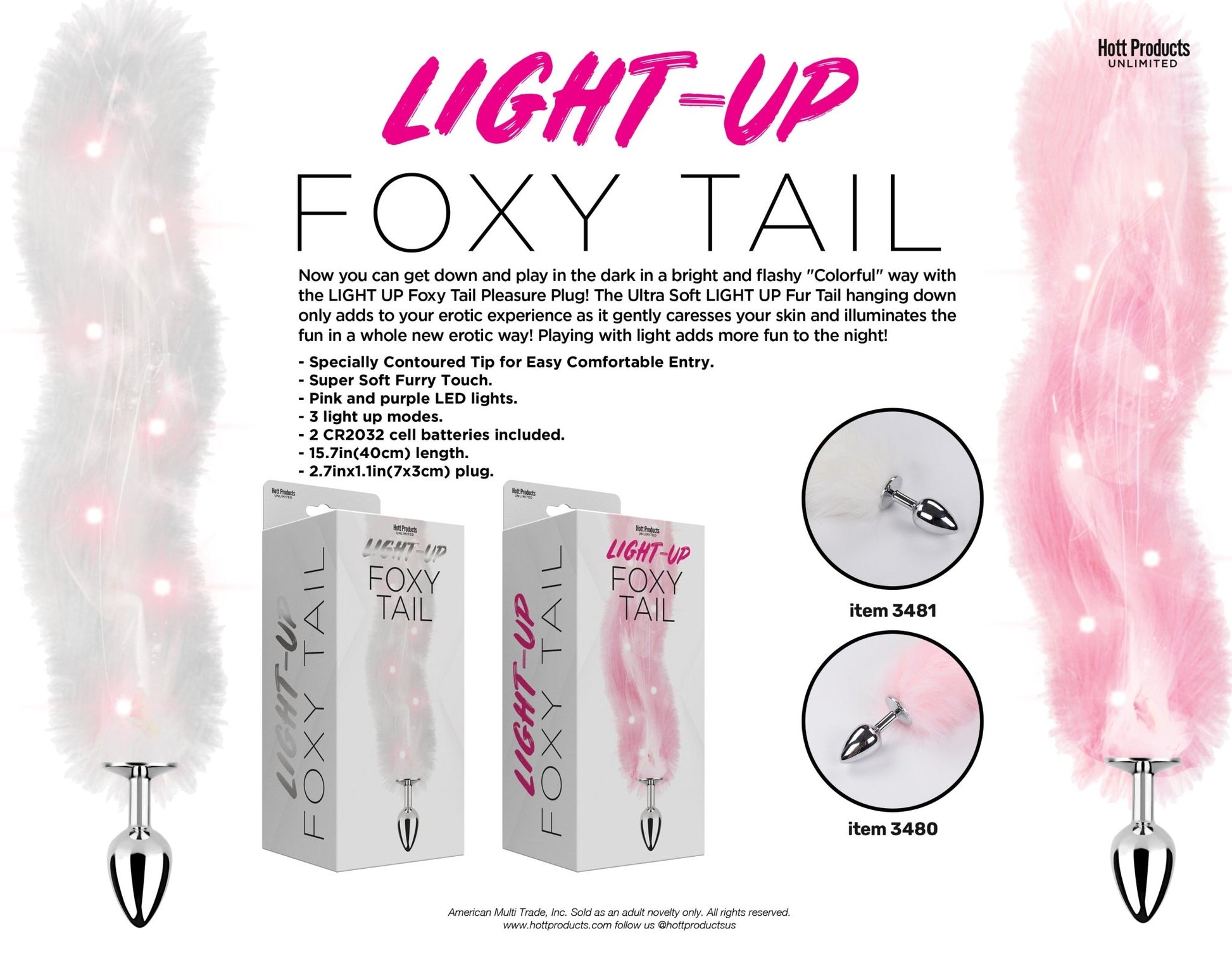 Foxy Tail - Light Up Faux Fur Butt Plug - White Plug - White HTP3481