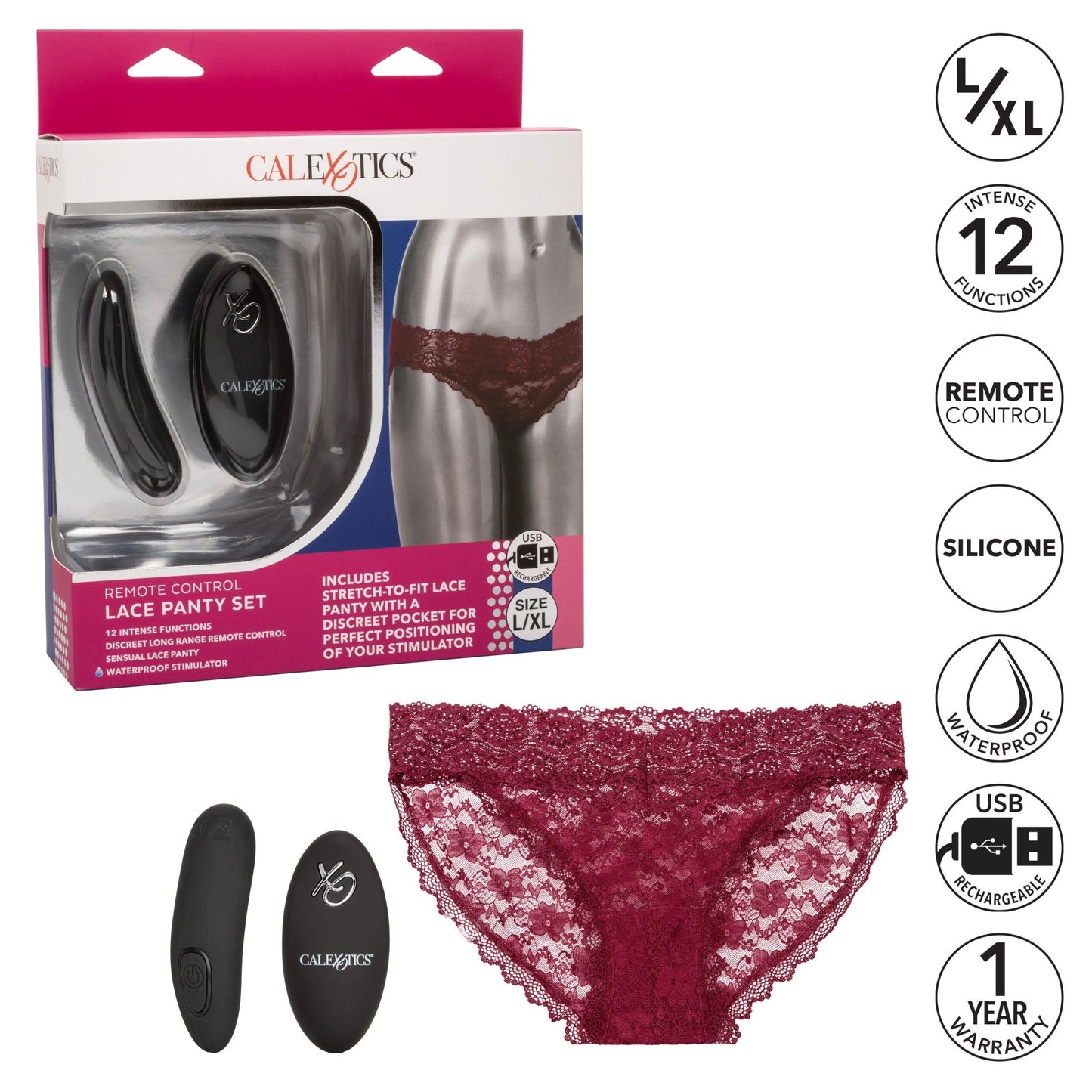 Remote Control Lace Panty Set - L/ XL - Burgundy SE0077893